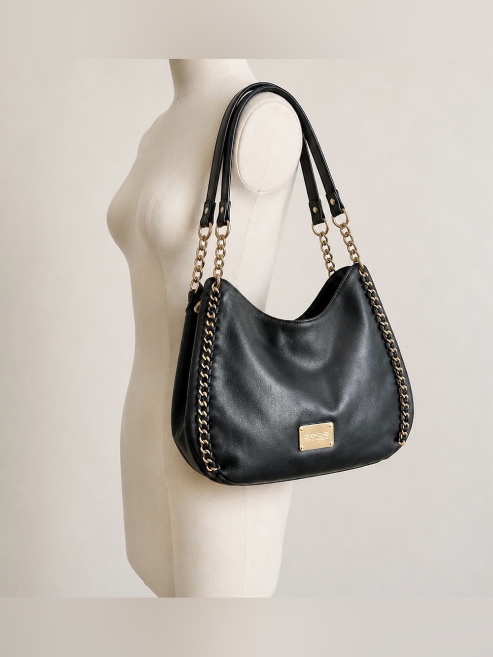 Bebe Colette Triple Entry Tote Bag Black Gold Chain Shoulder Purse Bag Y2K